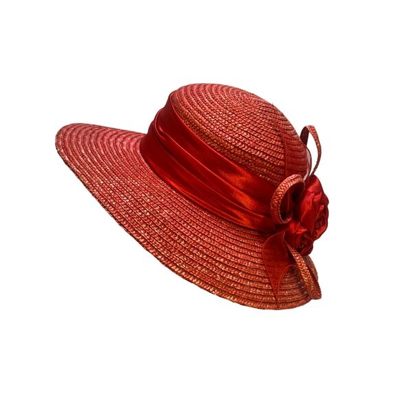 Bright Red Women's Derby Wide Brim Straw Embellished Hat Satin Band Fabric Rose - Picture 3 of 8